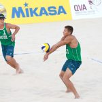 Haralds Regza of Latvia hits the ball