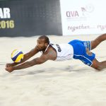 Jefferson Santos Pereira of Qatar receives the ball