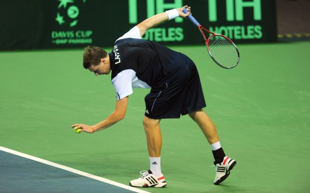 Latvijas izlases tenisists Miķelis Lībietis Deivisa kausa izcīņas spēlē pret Somijas izlases tenisistu Miki Kontinenu "Arēnā Rīga".